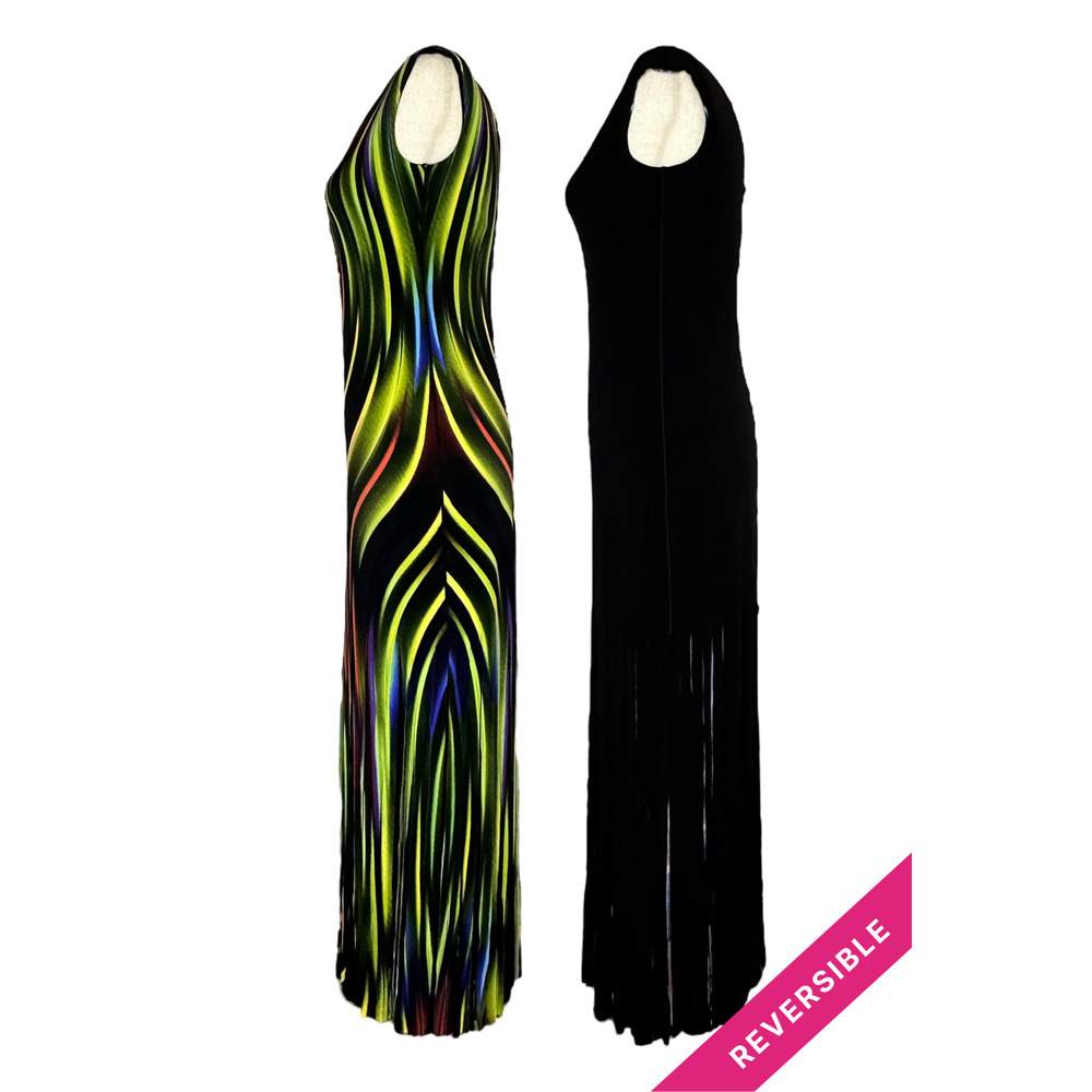 Women's V-Neck Long Fringe Dress Size L Eva Varro Reversible Black Dressy NWT - Picture 4 of 4